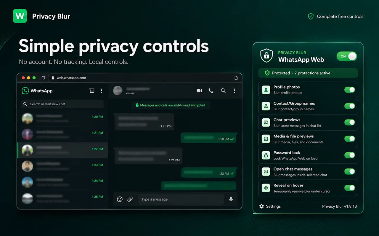 WhatsApp Web Privacy Blur controls protecting names, photos, previews, media, and messages